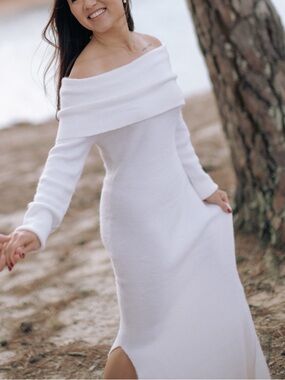 White Off-Shoulder Sweater Maxi Dress